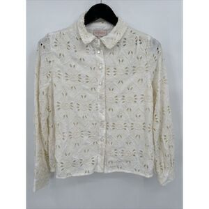 CIEBON Cream & White Lined Eyelet Shirt‎ Floral Collared Size S EUC